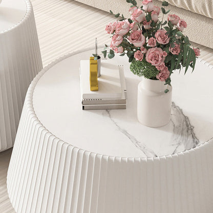 Modern Minimalist Round Stone Slab PU Leather Solid Wood Coffee Table For Living Room