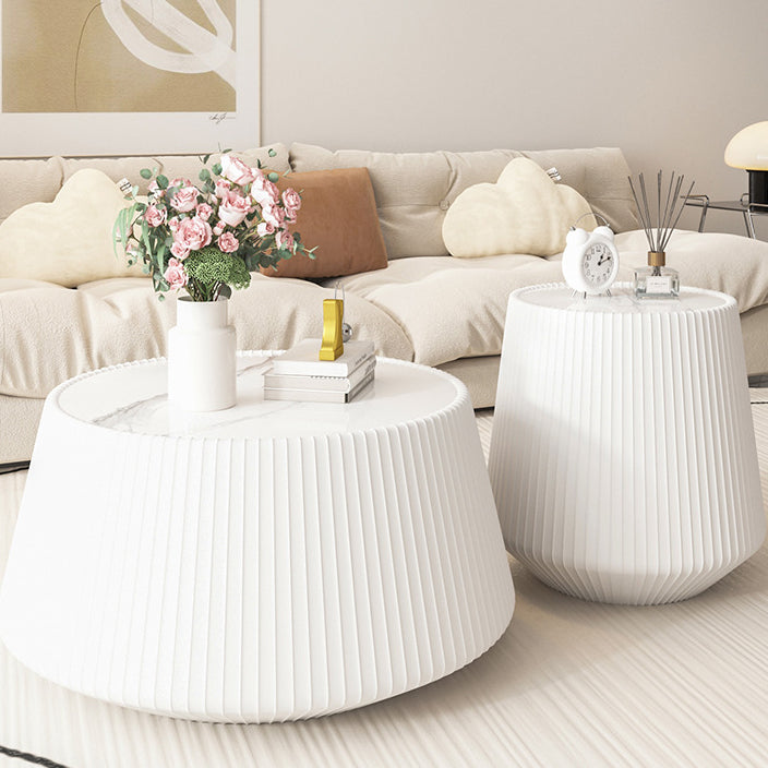 Modern Minimalist Round Stone Slab PU Leather Solid Wood Coffee Table For Living Room