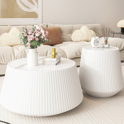 Modern Minimalist Round Stone Slab PU Leather Solid Wood Coffee Table For Living Room