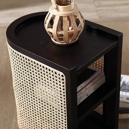 Modern Minimalist Curved Rectangular Ash Wood Rattan Weaving End Table 3-Tier For Living Room