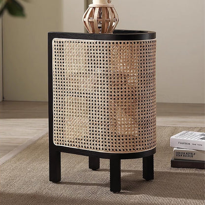 Modern Minimalist Curved Rectangular Ash Wood Rattan Weaving End Table 3-Tier For Living Room