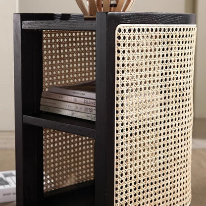 Modern Minimalist Curved Rectangular Ash Wood Rattan Weaving End Table 3-Tier For Living Room