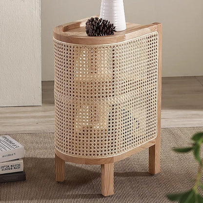 Modern Minimalist Curved Rectangular Ash Wood Rattan Weaving End Table 3-Tier For Living Room