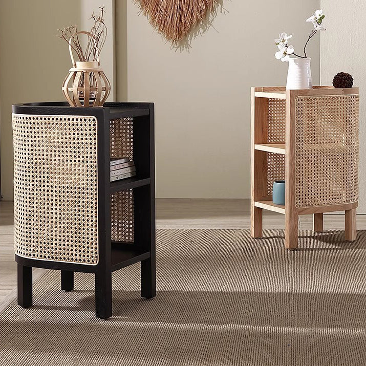 Modern Minimalist Curved Rectangular Ash Wood Rattan Weaving End Table 3-Tier For Living Room