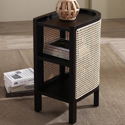 Modern Minimalist Curved Rectangular Ash Wood Rattan Weaving End Table 3-Tier For Living Room