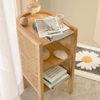 Modern Minimalist Curved Rectangular Ash Wood Rattan Weaving End Table 3-Tier For Living Room