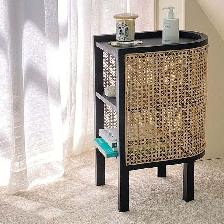 Modern Minimalist Curved Rectangular Ash Wood Rattan Weaving End Table 3-Tier For Living Room