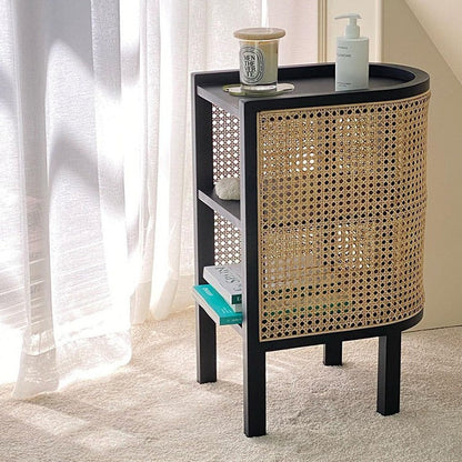 Modern Minimalist Curved Rectangular Ash Wood Rattan Weaving End Table 3-Tier For Living Room