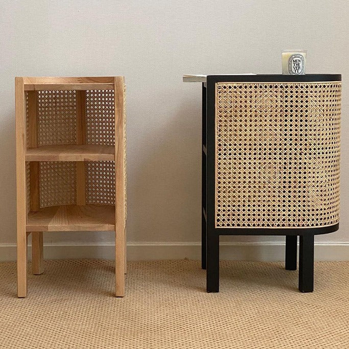 Modern Minimalist Curved Rectangular Ash Wood Rattan Weaving End Table 3-Tier For Living Room