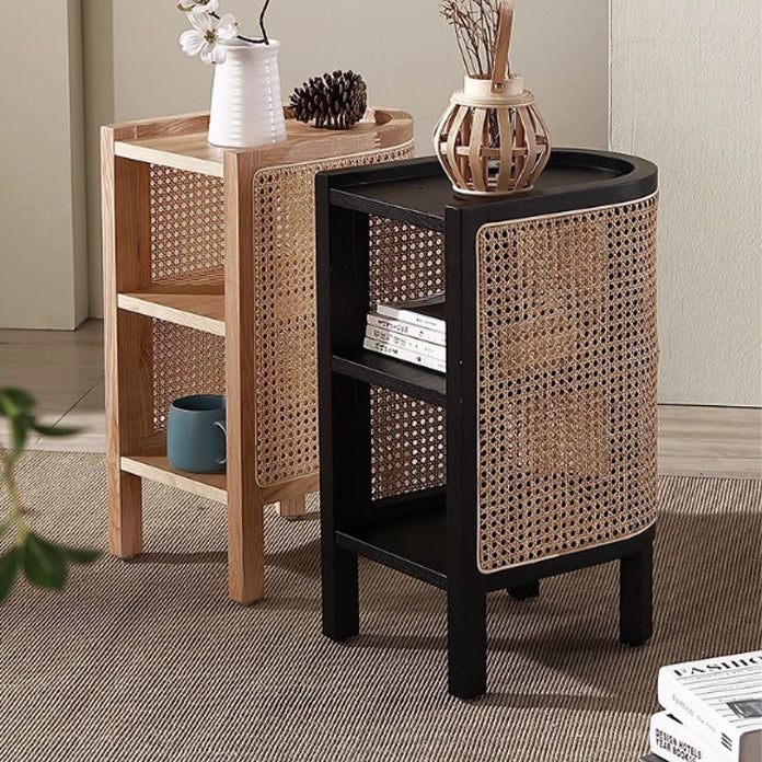 Modern Minimalist Curved Rectangular Ash Wood Rattan Weaving End Table 3-Tier For Living Room