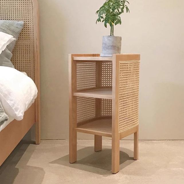Modern Minimalist Curved Rectangular Ash Wood Rattan Weaving End Table 3-Tier For Living Room