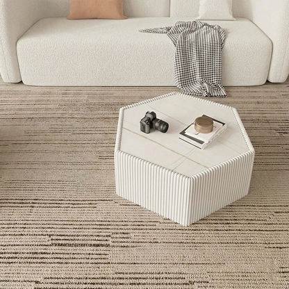 Modern Minimalist Hexagon Stone Slab Faux Leather MDF Eucalyptus Wood Coffee Table For Living Room
