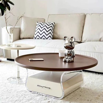 Modern Minimalist Round MDF Solid Wood Acrylic Coffee Table 1-Drawer For Living Room