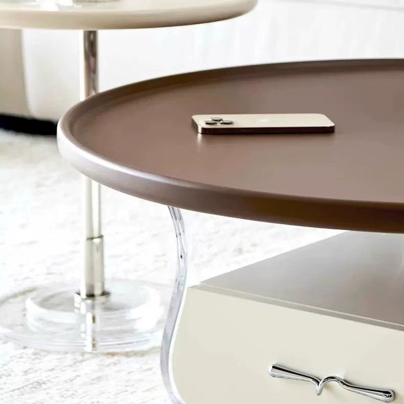 Modern Minimalist Round MDF Solid Wood Acrylic Coffee Table 1-Drawer For Living Room