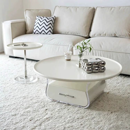 Modern Minimalist Round MDF Solid Wood Acrylic Coffee Table 1-Drawer For Living Room