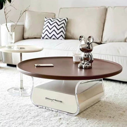 Modern Minimalist Round MDF Solid Wood Acrylic Coffee Table 1-Drawer For Living Room