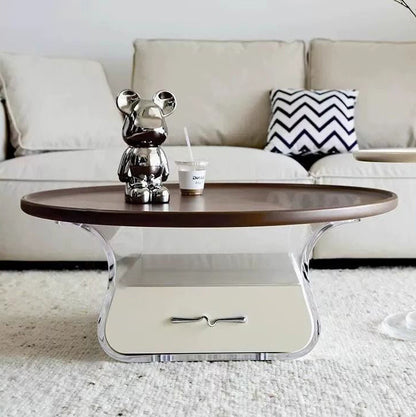 Modern Minimalist Round MDF Solid Wood Acrylic Coffee Table 1-Drawer For Living Room