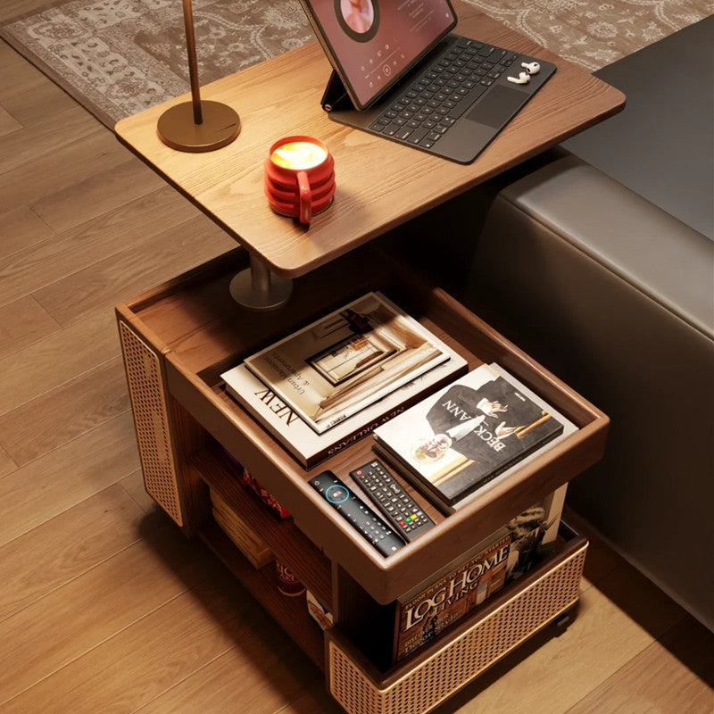 Contemporary Retro Rectangular Solid Wood Plywood Rattan Weaving Movable 360°Swivel Height Adjustable End Table 3-Tier For Living Room