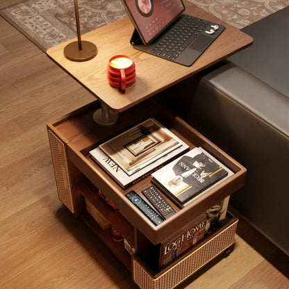 Contemporary Retro Rectangular Solid Wood Plywood Rattan Weaving Movable 360°Swivel Height Adjustable End Table 3-Tier For Living Room