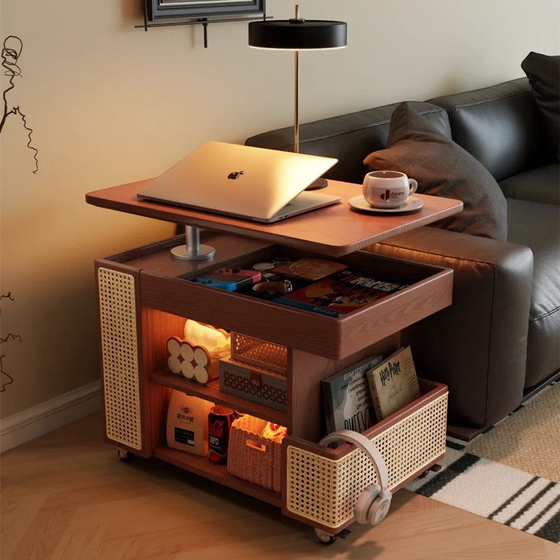 Contemporary Retro Rectangular Solid Wood Plywood Rattan Weaving Movable 360°Swivel Height Adjustable End Table 3-Tier For Living Room