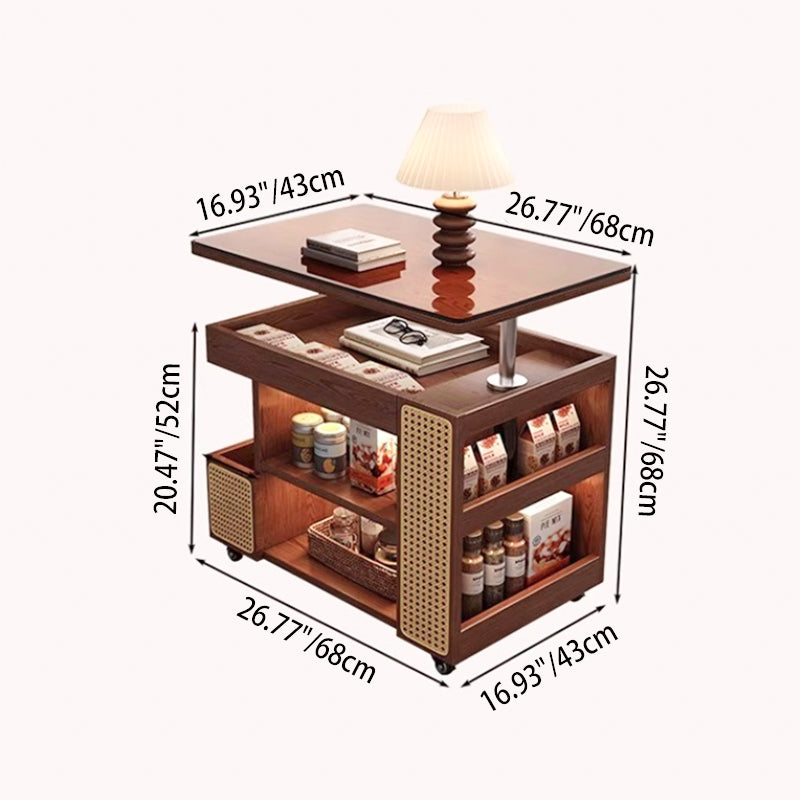 Contemporary Retro Rectangular Solid Wood Plywood Rattan Weaving Movable 360°Swivel Height Adjustable End Table 3-Tier For Living Room