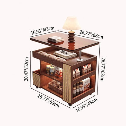 Contemporary Retro Rectangular Solid Wood Plywood Rattan Weaving Movable 360°Swivel Height Adjustable End Table 3-Tier For Living Room