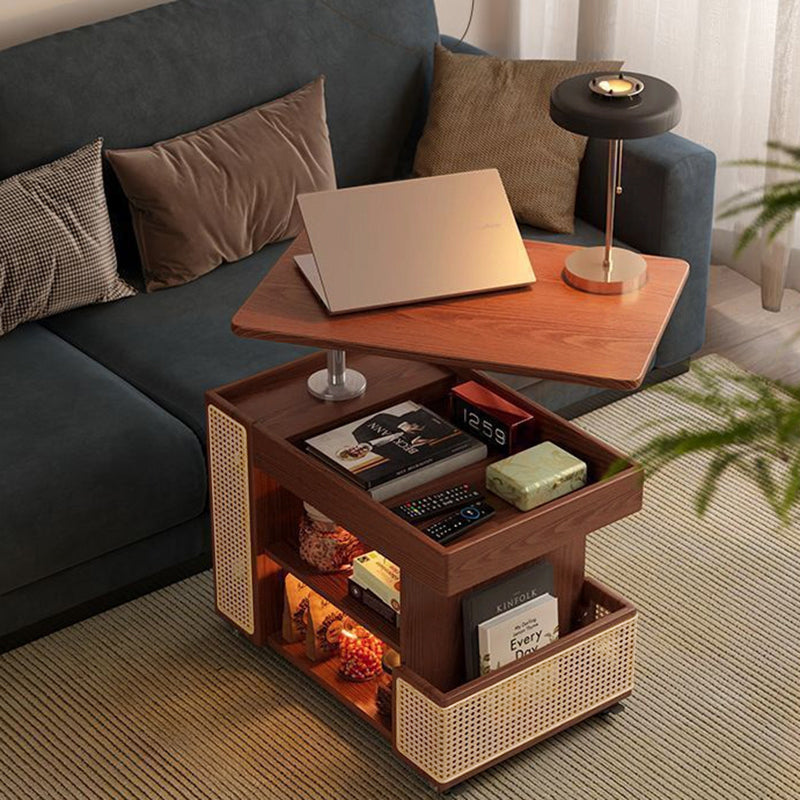 Contemporary Retro Rectangular Solid Wood Plywood Rattan Weaving Movable 360°Swivel Height Adjustable End Table 3-Tier For Living Room