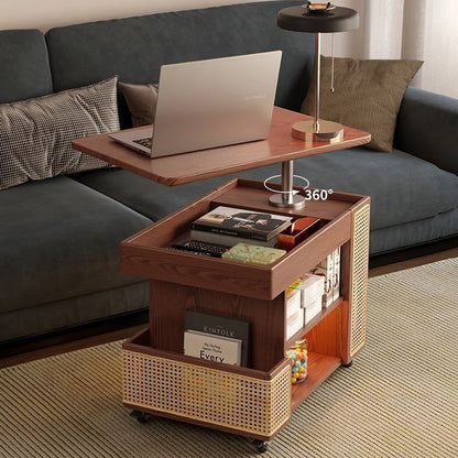 Contemporary Retro Rectangular Solid Wood Plywood Rattan Weaving Movable 360°Swivel Height Adjustable End Table 3-Tier For Living Room