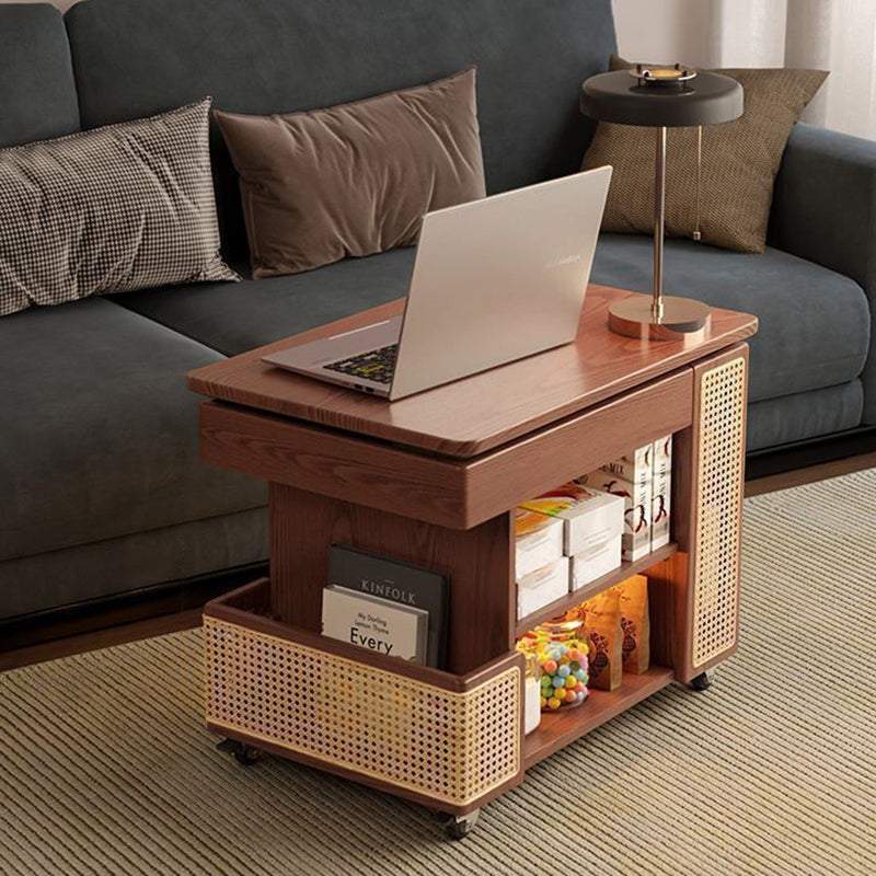 Contemporary Retro Rectangular Solid Wood Plywood Rattan Weaving Movable 360°Swivel Height Adjustable End Table 3-Tier For Living Room
