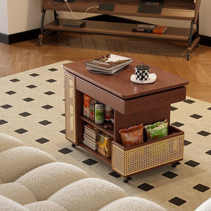 Contemporary Retro Rectangular Solid Wood Plywood Rattan Weaving Movable 360°Swivel Height Adjustable End Table 3-Tier For Living Room