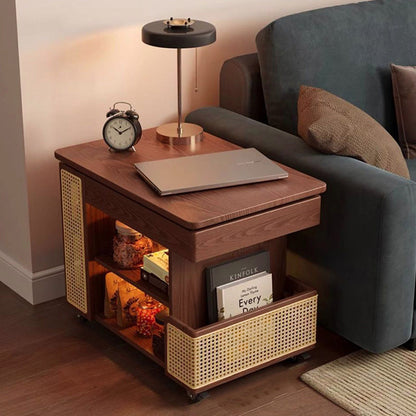 Contemporary Retro Rectangular Solid Wood Plywood Rattan Weaving Movable 360°Swivel Height Adjustable End Table 3-Tier For Living Room