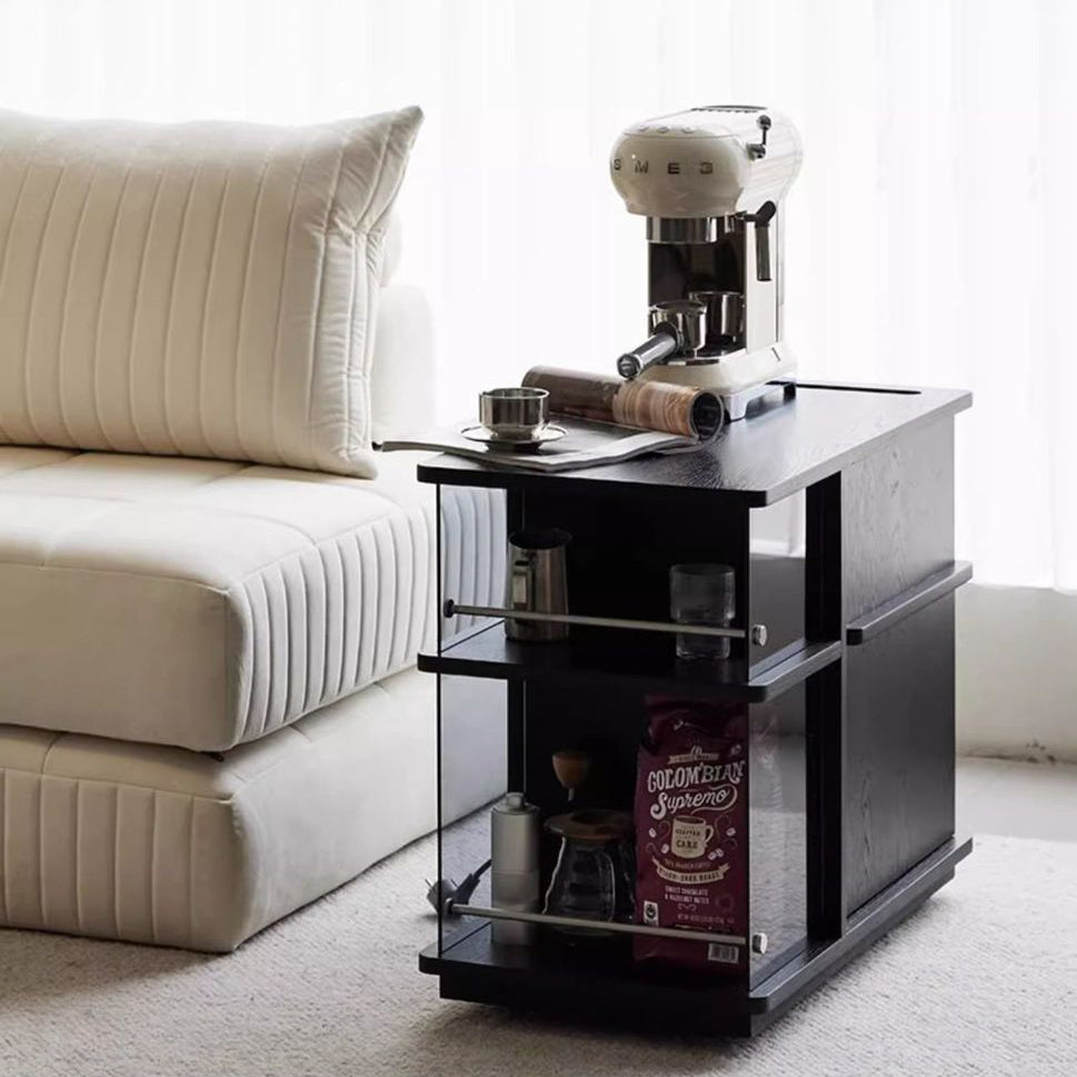 Modern Minimalist Rectangular Solid Wood Plywood Glass Stainless Steel Removable Partition Movable End Table 4-Cabinet For Living Room