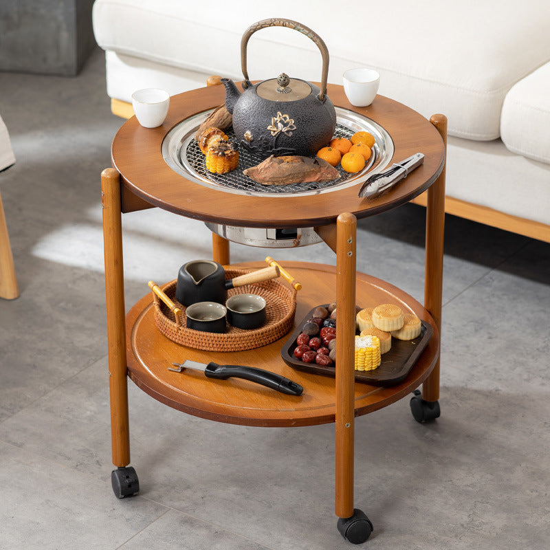 Traditional Chinese Round Nan Bamboo Stainless Steel Charcoal Grilling Barbecue Movable Coffee Table 2-Tier For Living Room