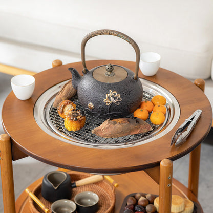 Traditional Chinese Round Nan Bamboo Stainless Steel Charcoal Grilling Barbecue Movable Coffee Table 2-Tier For Living Room
