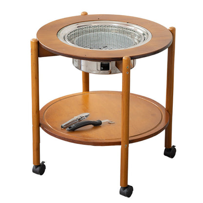 Traditional Chinese Round Nan Bamboo Stainless Steel Charcoal Grilling Barbecue Movable Coffee Table 2-Tier For Living Room