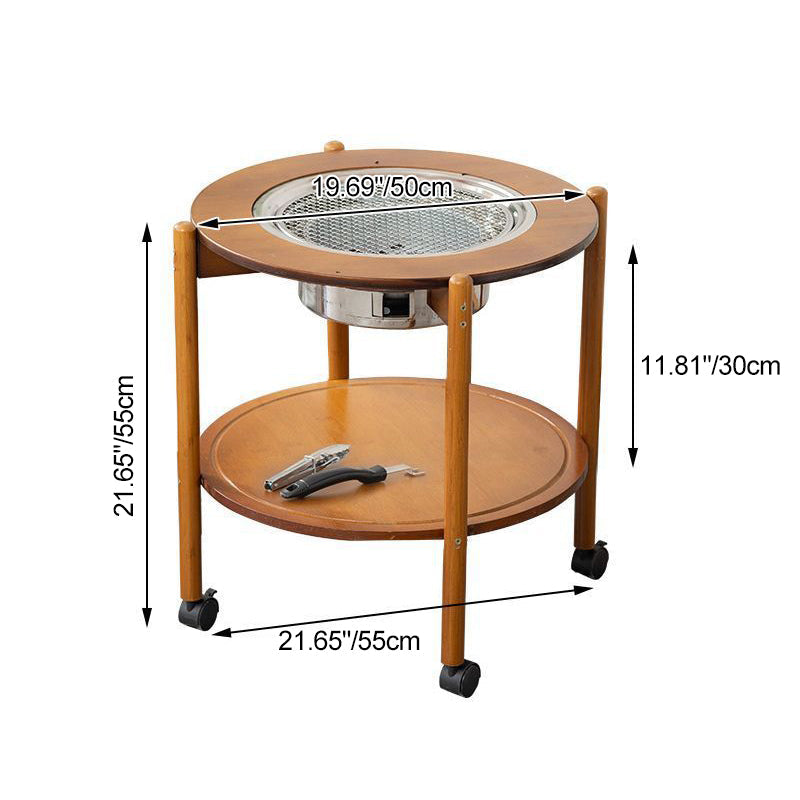 Traditional Chinese Round Nan Bamboo Stainless Steel Charcoal Grilling Barbecue Movable Coffee Table 2-Tier For Living Room