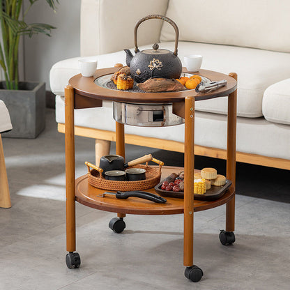 Traditional Chinese Round Nan Bamboo Stainless Steel Charcoal Grilling Barbecue Movable Coffee Table 2-Tier For Living Room