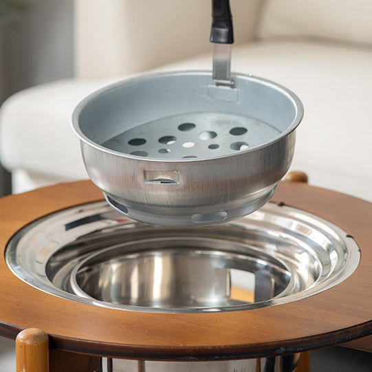 Traditional Chinese Round Nan Bamboo Stainless Steel Charcoal Grilling Barbecue Movable Coffee Table 2-Tier For Living Room