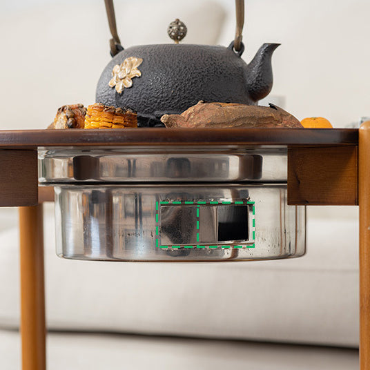 Traditional Chinese Round Nan Bamboo Stainless Steel Charcoal Grilling Barbecue Movable Coffee Table 2-Tier For Living Room