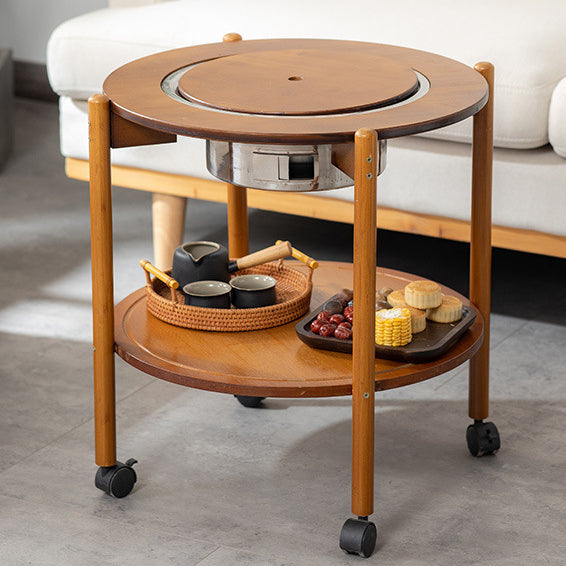 Traditional Chinese Round Nan Bamboo Stainless Steel Charcoal Grilling Barbecue Movable Coffee Table 2-Tier For Living Room
