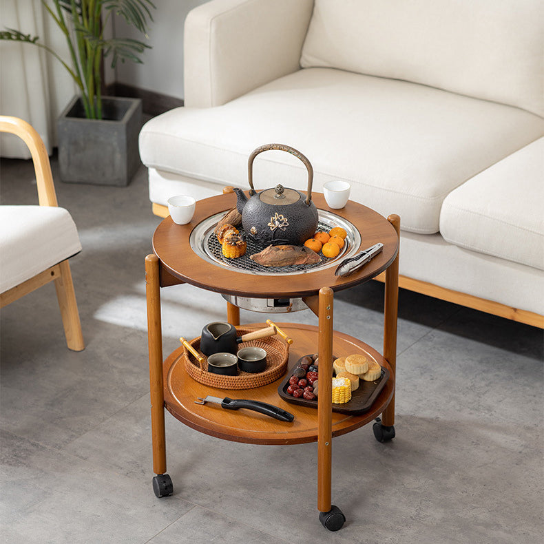 Traditional Chinese Round Nan Bamboo Stainless Steel Charcoal Grilling Barbecue Movable Coffee Table 2-Tier For Living Room