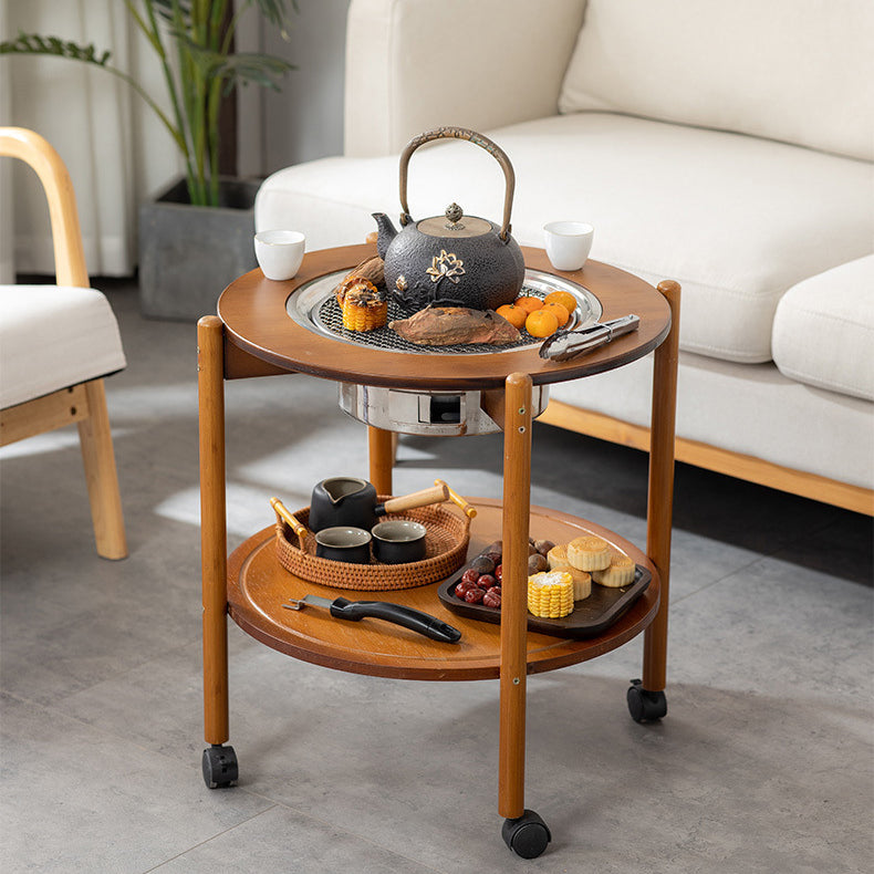 Traditional Chinese Round Nan Bamboo Stainless Steel Charcoal Grilling Barbecue Movable Coffee Table 2-Tier For Living Room