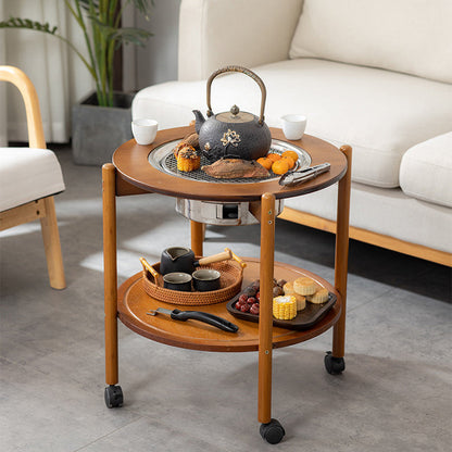 Traditional Chinese Round Nan Bamboo Stainless Steel Charcoal Grilling Barbecue Movable Coffee Table 2-Tier For Living Room