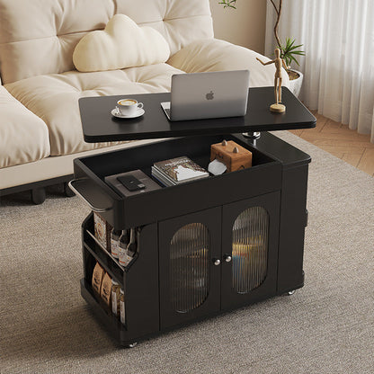 Modern Minimalist Rectangular Solid Wood Eco Board Iron Stainless Steel 360°Swivel Height Adjustable Movable End Table 7-Cabinet For Living Room