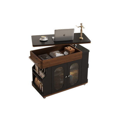 Modern Minimalist Rectangular Solid Wood Eco Board Iron Stainless Steel 360°Swivel Height Adjustable Movable End Table 7-Cabinet For Living Room