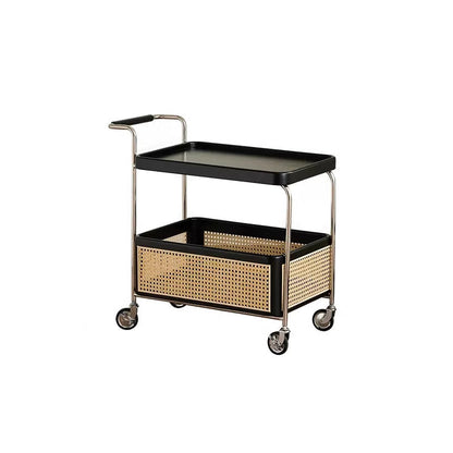 Modern Minimalist Rectangular Rubberwood Carbon Steel Faux Rattan Weaving Movable End Table 2-Tier For Living Room