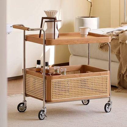 Modern Minimalist Rectangular Rubberwood Carbon Steel Faux Rattan Weaving Movable End Table 2-Tier For Living Room
