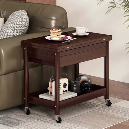Traditional Chinese Rectangular Nan Bamboo Solid Wood Plywood Foldable Movable Coffee Table 2-Tier For Living Room