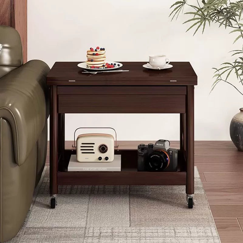 Traditional Chinese Rectangular Nan Bamboo Solid Wood Plywood Foldable Movable Coffee Table 2-Tier For Living Room
