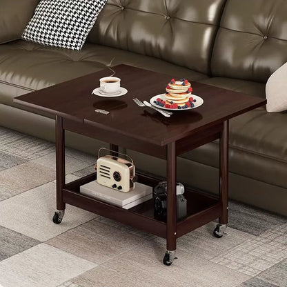 Traditional Chinese Rectangular Nan Bamboo Solid Wood Plywood Foldable Movable Coffee Table 2-Tier For Living Room